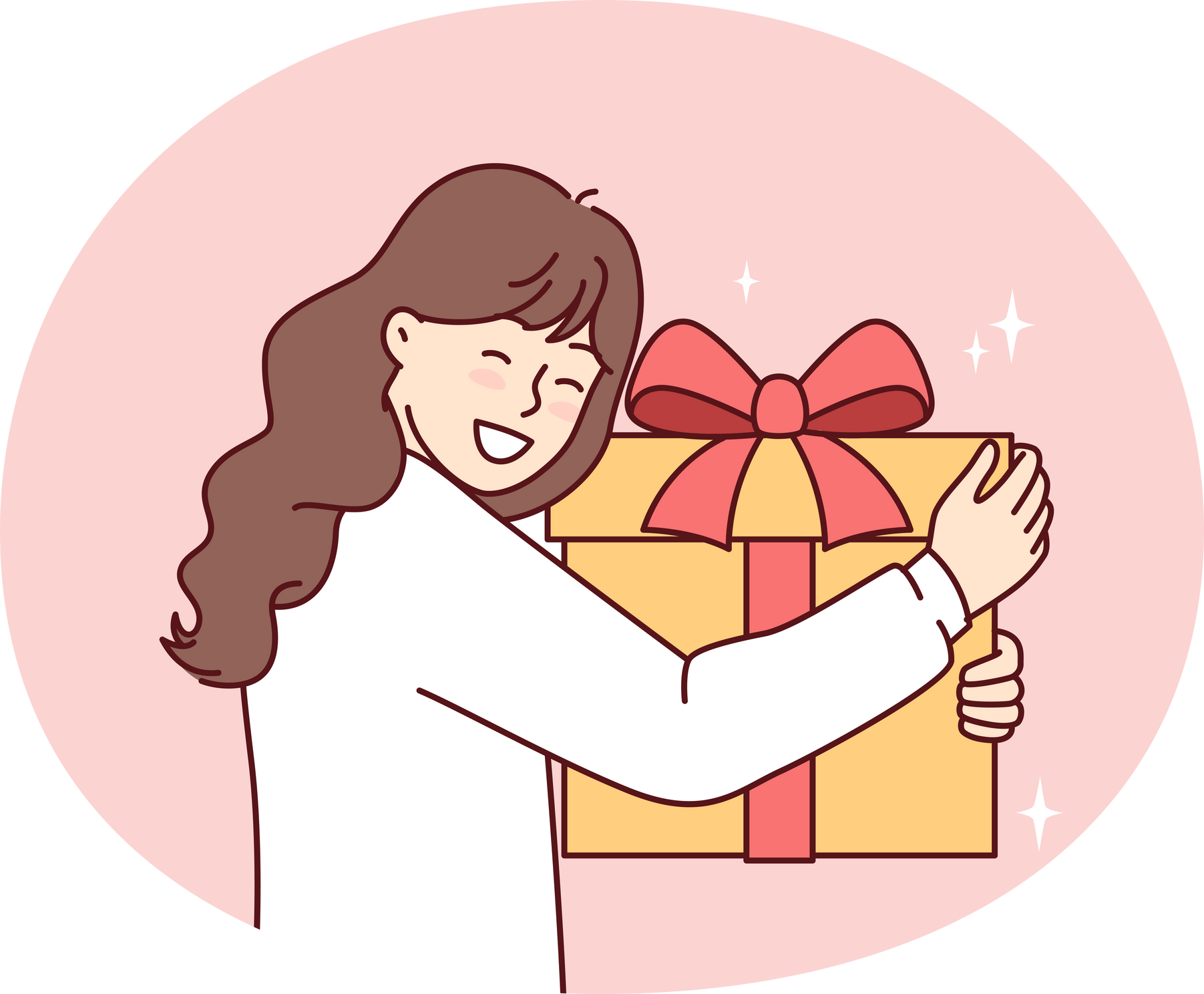 Teenage Girl with Big Gift Box with Red Ribbon Smiling Overjoyed at Unexpected Surprise from Parents or Friends. Positive Child Is Happy to Receive Gift in Honor of Birthday or Christmas Eve