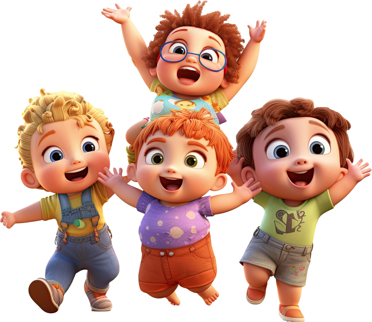 3d cartoon group of little children on transparent 4